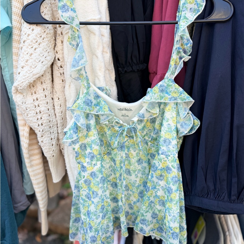 Wild Fable Blue and Green Floral Ruffle Tank Top